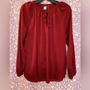 (S25) Old Navy Large Maroon Tie Neck Bubble Sleeve Popover Peasant Blouse